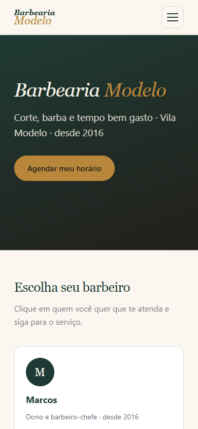 Site de barbearia feito pela WebModeling, aberto no celular