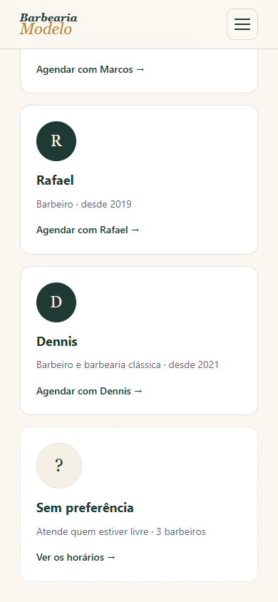 Tela de escolha de barbeiro e serviços